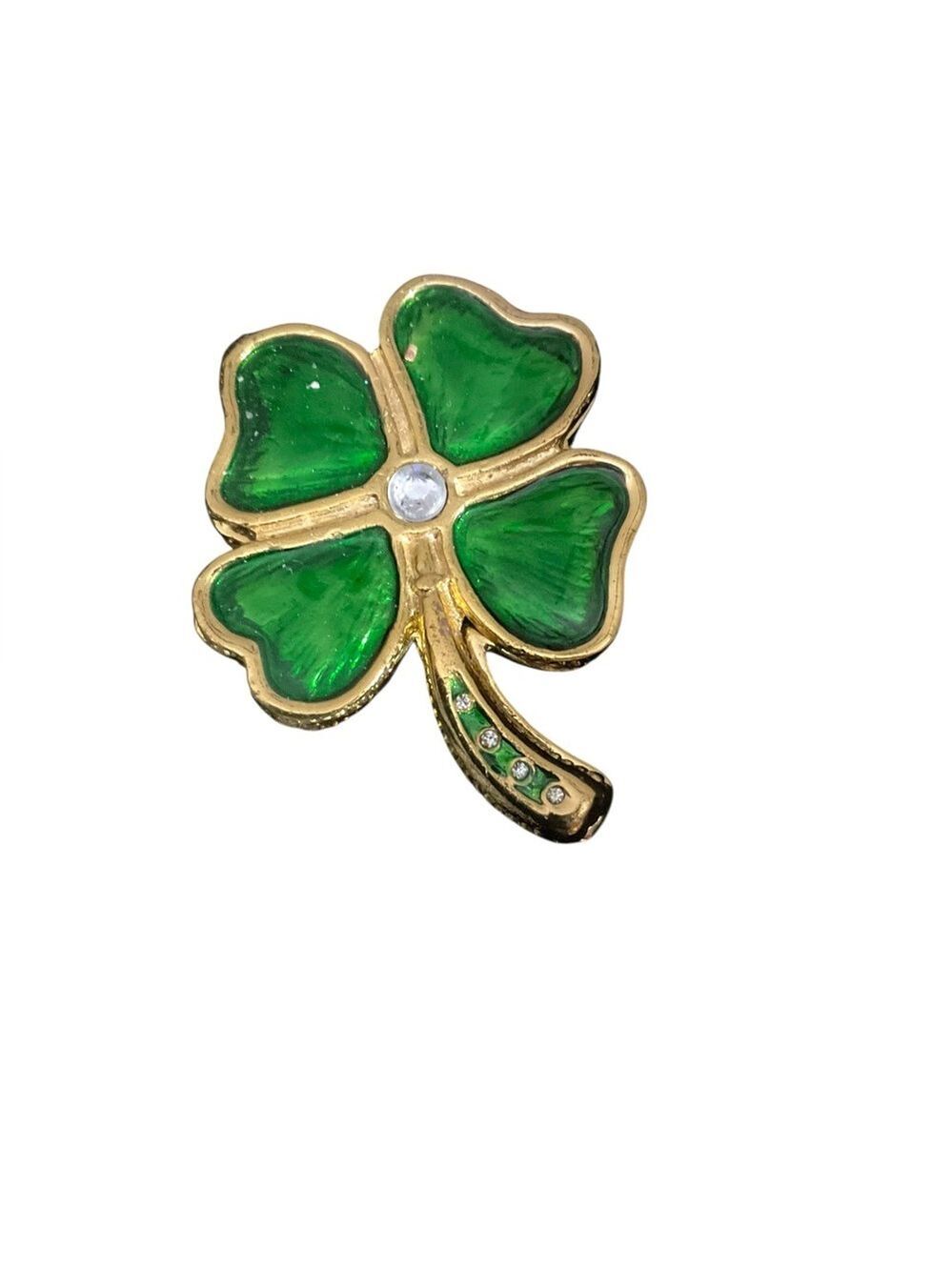 Shamrock Trinket Box Metal Enameled Rhinestone Color Green & Gold Magnetic 2337
